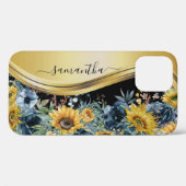 Coques Case-Mate iPhone Monogramme floral tournesol or jaune nom (Verso (horizontal))