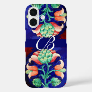 COQUES iPhone 16  MONOGRAMME FLORAL VERT ROSE BLEU