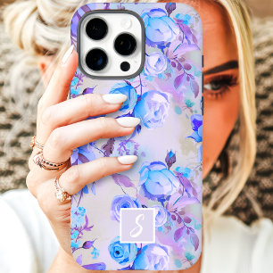 Coques iPhone 16 Pro Max Monogramme floral vintage bleu et lavande