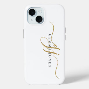 Coque Pour iPhone 15 Monogramme Gold Noir tendance Nom initial du scrip