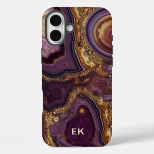 Coques iPhone 16 Plus Monogramme Gold Purple Géode Agate