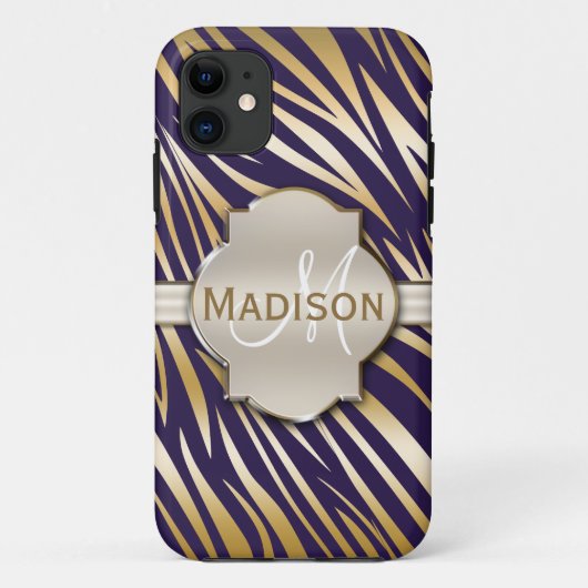 Coques Case-Mate iPhone Monogramme Gold Purple Zebra Motif d'impression (Dos)