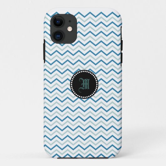 Coques Case-Mate iPhone Monogramme gris bleu et blanc de Chevron (Dos)