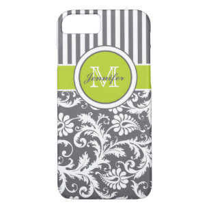 Coque iPhone 8/7 Monogramme Gris de chaux blanc rayé Damas