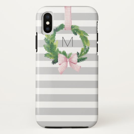 Coques Case-Mate iPhone Monogramme gris de guirlande de Noël de rayure (Dos)