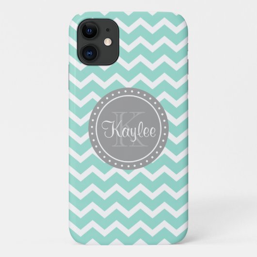 Coques Case-Mate iPhone Monogramme gris de menthe Chevron (Dos)