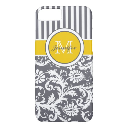 Coques Case-Mate iPhone Monogramme gris jaune blanc rayé Damas (Dos)
