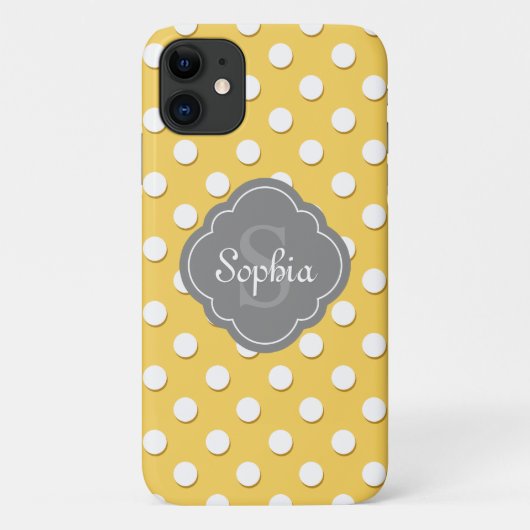 Coques Case-Mate iPhone Monogramme gris Motif Polka Jaune (Dos)