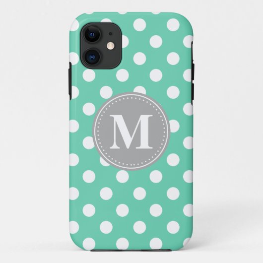Coques Case-Mate iPhone Monogramme gris Pois blanc et menthe (Dos)