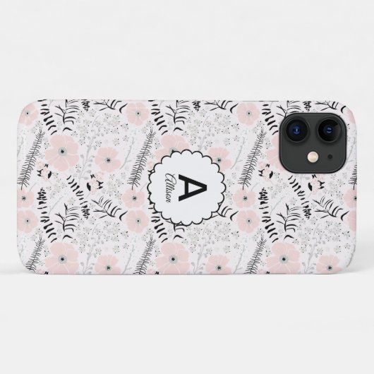 Coques Case-Mate iPhone Monogramme Gris Rose Whimsical Flowers (Dos (Horizontal))