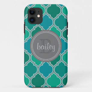 Coque iPhone 11 Monogramme Gris Turquoise moderne treillis Motif