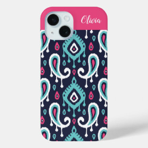 Coque Pour iPhone 15 Monogramme Ikat Paisley Navy et Rose