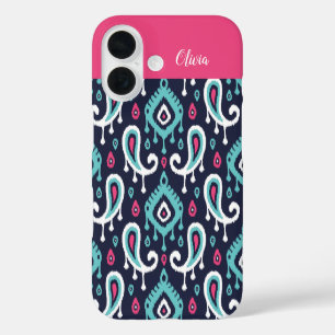 Coques iPhone 16 Monogramme Ikat Paisley Navy et Rose