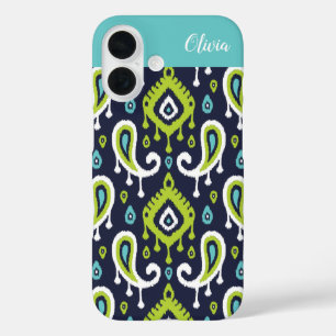 Coques iPhone 16 Monogramme Ikat Paisley Navy et Vert