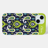 Coques Case-Mate iPhone Monogramme Ikat Paisley Navy et Vert (Verso (horizontal))