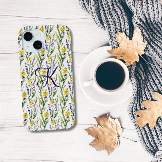 Coques Case-Mate iPhone Monogramme Initial Fleurs Sauvages Violettes Jaune