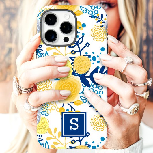 Coques Case-Mate iPhone Monogramme Initial Floral Bleu et Jaune