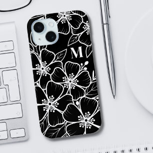 Coque Pour iPhone 15 Monogramme Initial Floral Noir Blanc