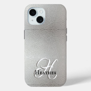 Coque Pour iPhone 15 Monogramme Initial Nom Cuir Synthétique Argent Mod