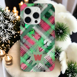 Coque iPhone 15 Pro monogramme initial plaid tartan rouge vert festif