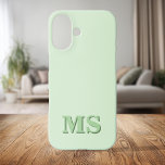 Coques iPhone 16 Monogramme initial vert minimaliste moderne<br><div class="desc">Créez votre propre coque iphone personnalisé avec un nom initial personnalisé dans la typographie minimaliste moderne. Disponible en plusieurs couleurs et styles.</div>