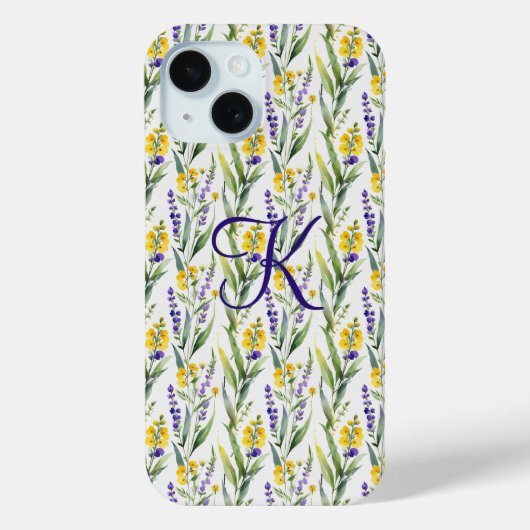 Coques Case-Mate iPhone Monogramme initial violet Fleurs sauvages Jaune te (Verso)