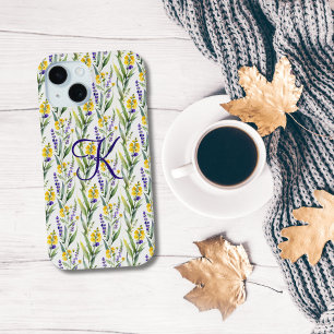 Coque Pour iPhone 15 Monogramme initial violet Fleurs sauvages Jaune te