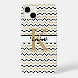 Coque Pour iPhone 14 Plus Monogramme Initiale du Nom Noir Or Chevron Zig Zag