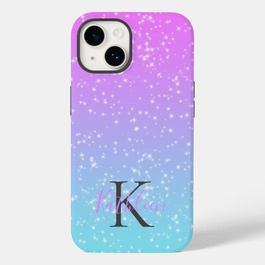 Coques Case-Mate iPhone Monogramme initiale nom rose bleu paillettes ombré (Verso)