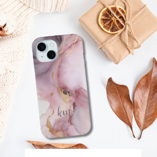 Coque Pour iPhone 15 Monogramme Initiales Nom Rose Grey Alcool Encre La