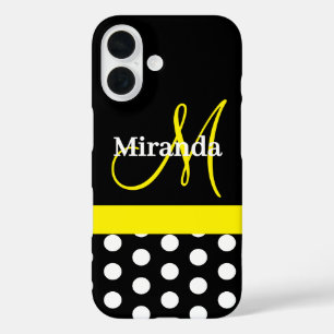 Coques iPhone 16 Monogramme jaune noir avec pois blancs