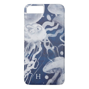 Coques Pour iPhone Monogramme   Jellyfish on Navy Arrière - plan