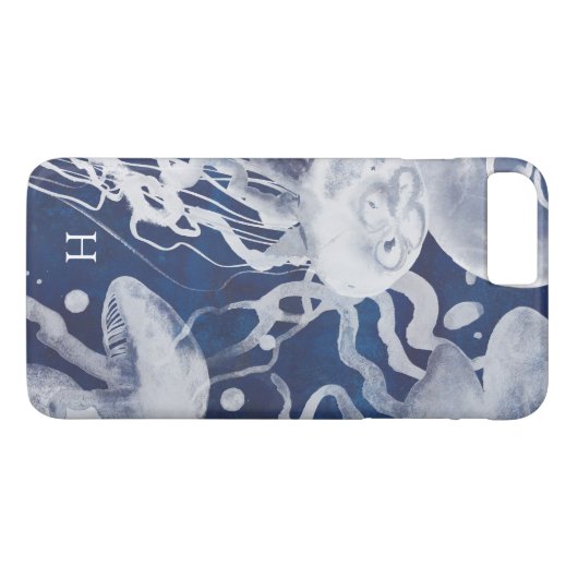 Coques Case-Mate iPhone Monogramme | Jellyfish on Navy Arrière - plan (Dos (Horizontal))