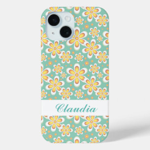 Coque Pour iPhone 15 Monogramme joli fleurs orange sur vert