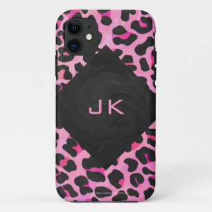 Coques Pour iPhone Monogramme Leopard noir et rose chaud