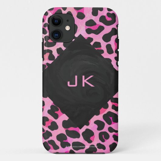 Coques Case-Mate iPhone Monogramme Leopard noir et rose chaud (Dos)