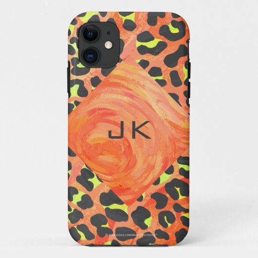 Coques Case-Mate iPhone Monogramme léopard orange et jaune (Dos)