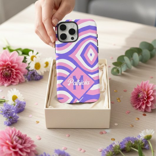 Coques Case-Mate iPhone Monogramme les années 70 Super rose & violet psych