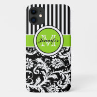 Monogramme Lime noir blanc rayé Damas iPhone 11
