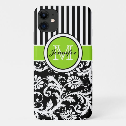 Coques Case-Mate iPhone Monogramme Lime noir blanc rayé Damas iPhone 11 (Dos)