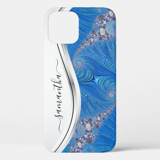 Coques Case-Mate iPhone Monogramme manuscrit en métal blanc bleu (Verso)