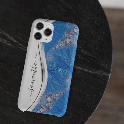 Coques Case-Mate iPhone Monogramme manuscrit en métal blanc bleu