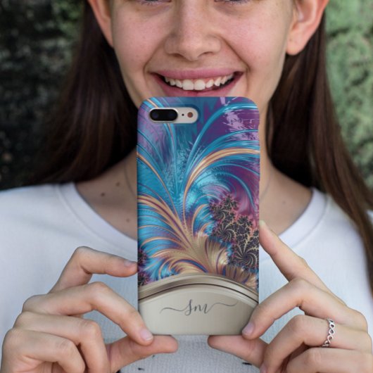 Coques Case-Mate iPhone Monogramme manuscrit Fractal Blue Gold