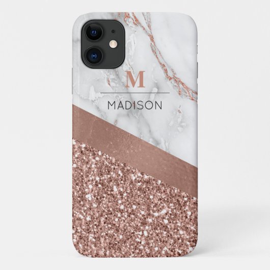 Coques Case-Mate iPhone Monogramme Marbré Pailleté Or Rose (Dos)