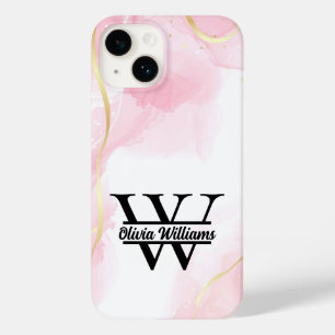 Coque Pour iPhone 14 Monogramme Marbre Rose Paillettes Dorées Moderne