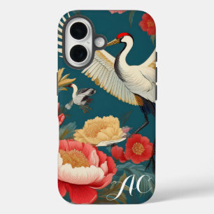 Coques iPhone 16 Monogramme Marine Blue Peonies & Crane Chinoiserie