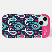 Coques Case-Mate iPhone Monogramme marine et rose Ikat Paisley (Verso (horizontal))