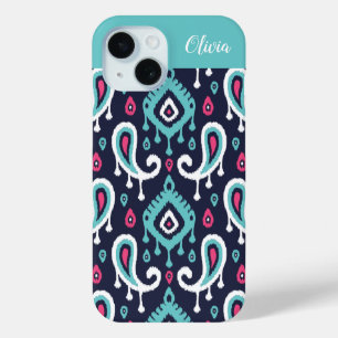 Coque Pour iPhone 15 Monogramme marine et rose Ikat Paisley