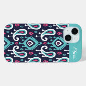 Coques Case-Mate iPhone Monogramme marine et rose Ikat Paisley (Verso (horizontal))