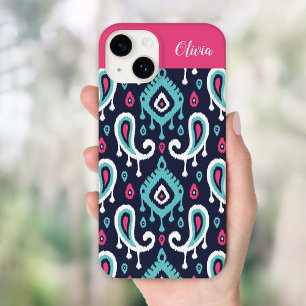 Coque Pour iPhone 14 Monogramme marine et rose Ikat Paisley
